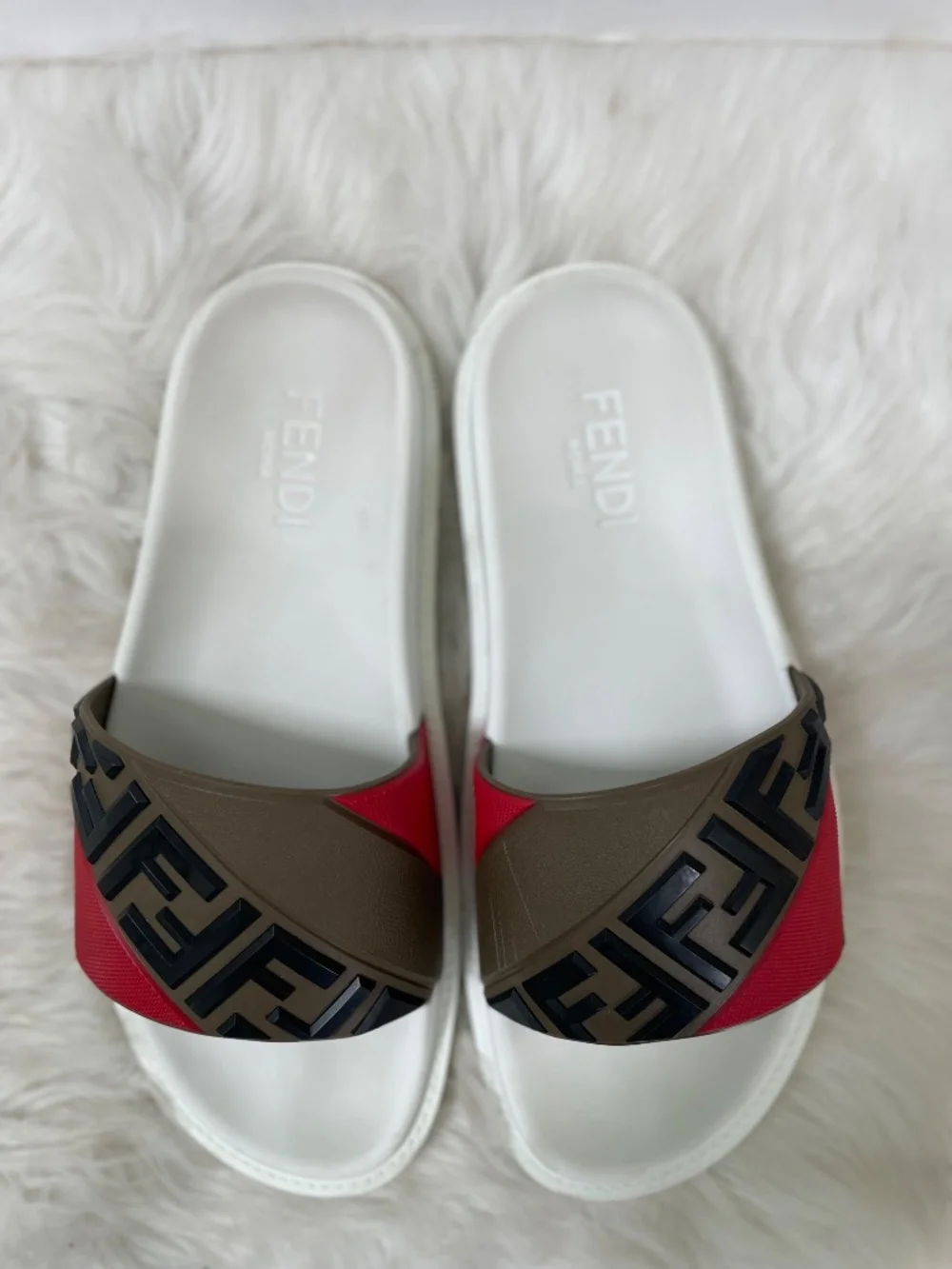Fendi Authentic Roma Men's Red Brown White Slide Sandals Size 7